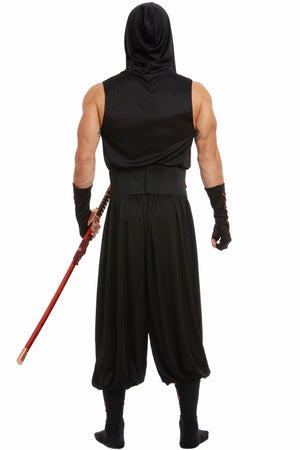 A man wearing a black ninja costume from the back, featuring a hooded top, loose harem-style pants, fingerless gloves, and black boots, holding a katana with a red handle against a plain white background.