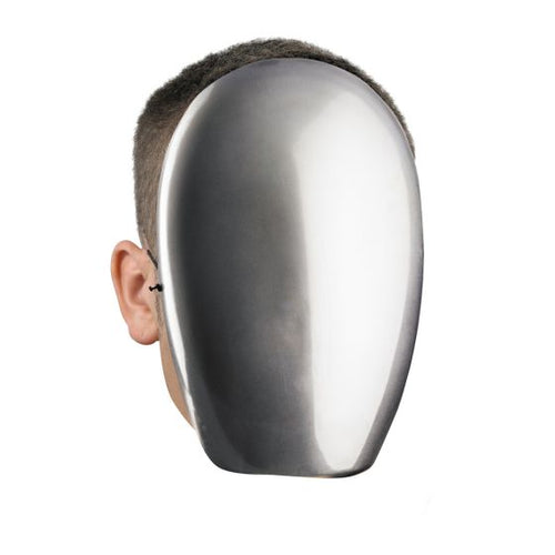 A person shown in profile wearing a shiny, metallic silver full-head mask or visor against a plain white background.