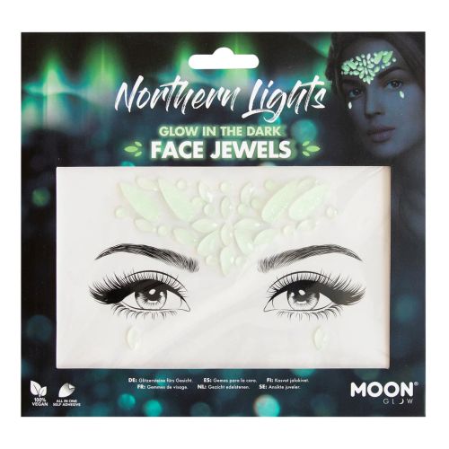 Packaging of Moon Glow Northern Lights glow in the dark face jewels with a model wearing the product.
