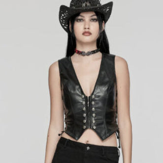 Person wearing a black leather outfit with a vest, top, and flared pants on a white background