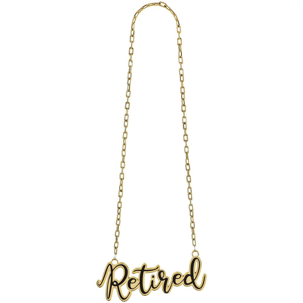 Gold necklace with 'Retired' pendant on a white background