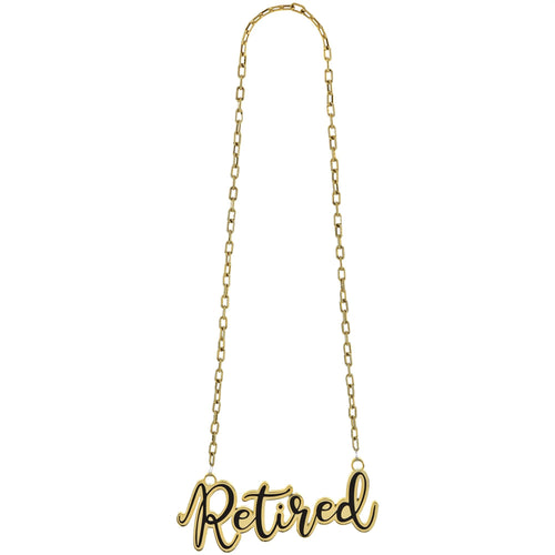 Gold necklace with 'Retired' pendant on a white background