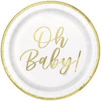 White paper plate with 'Oh Baby!' text in gold, suitable for baby shower.