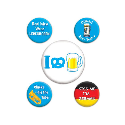 Set of five humorous buttons with various sayings on a white background