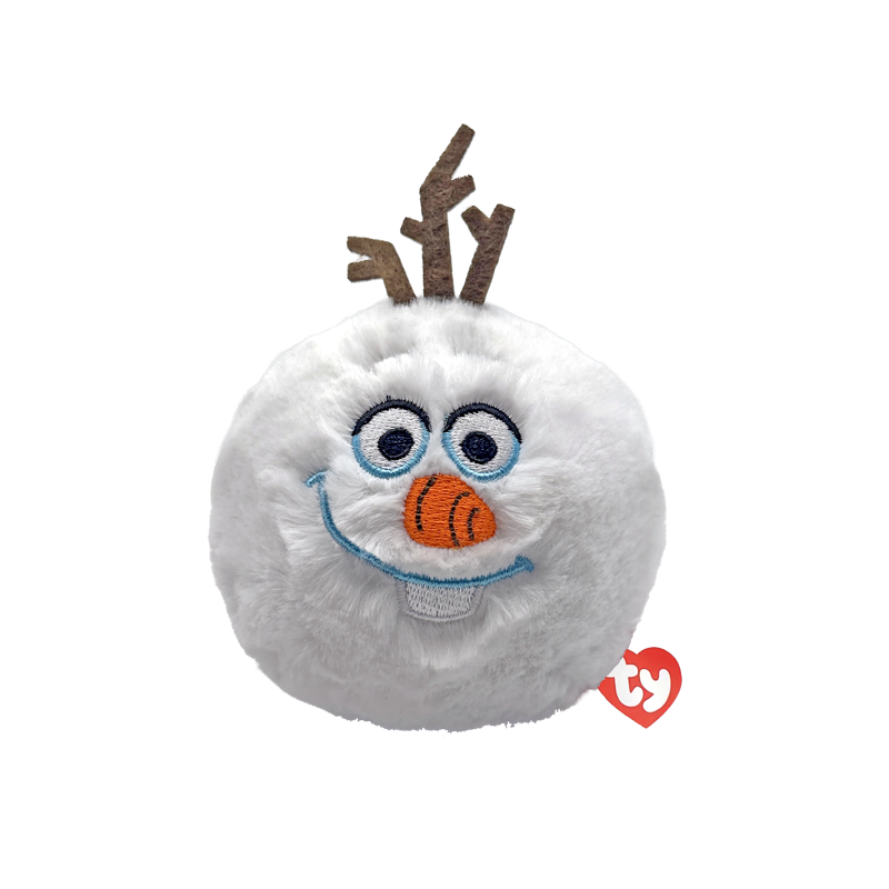 Plush toy with reindeer antlers and a smiling face on a white background