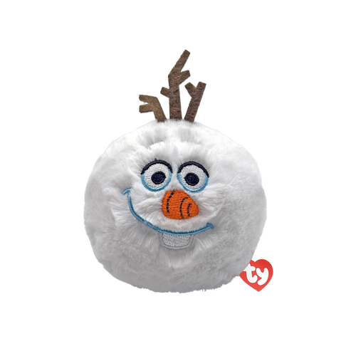 Plush toy with reindeer antlers and a smiling face on a white background