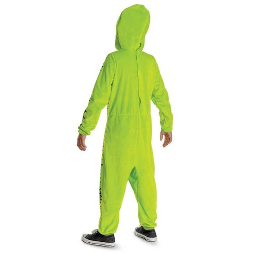 Person wearing a bright green onesie on a white background