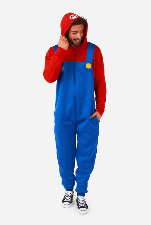 Person wearing a red and blue jumpsuit with a yellow circle on a white background