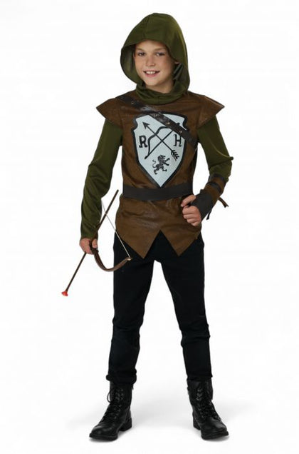 Child wearing a Robin Hood costume with a hood, green shirt, and black pants on a white background.