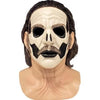 Skull mask with black eye sockets and mustache on a mannequin head against a white background