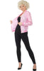 Person wearing a pink satin jacket and black pants on a white background