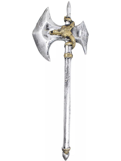 Decorative axe with silver and gold design on a white background