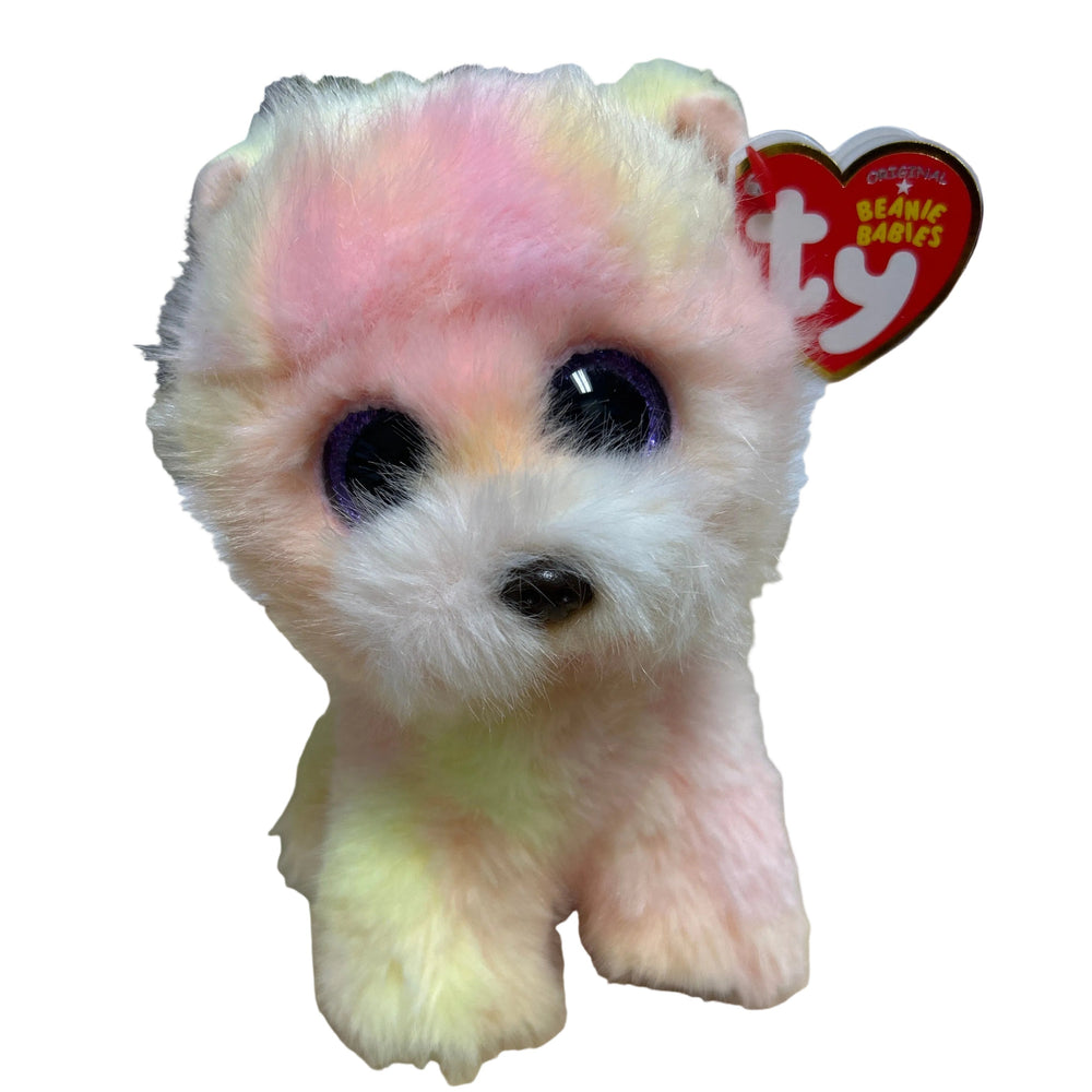 Plush toy with a multicolored fur pattern and Ty Beanie Baby tag on a white background