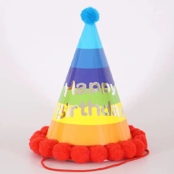 Colorful party hat with 'Happy Birthday' text on a white background