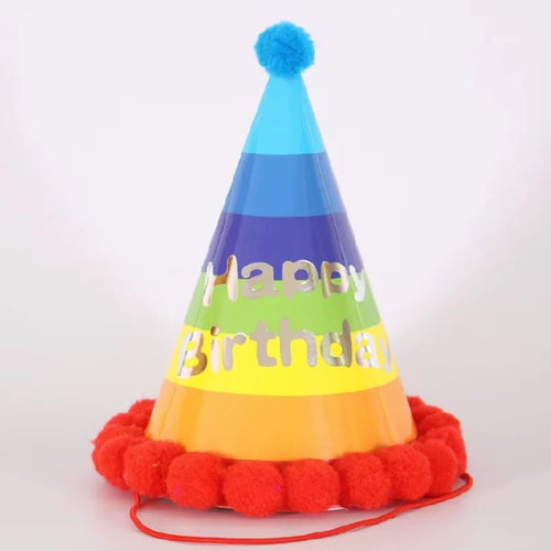 Colorful party hat with 'Happy Birthday' text on a white background
