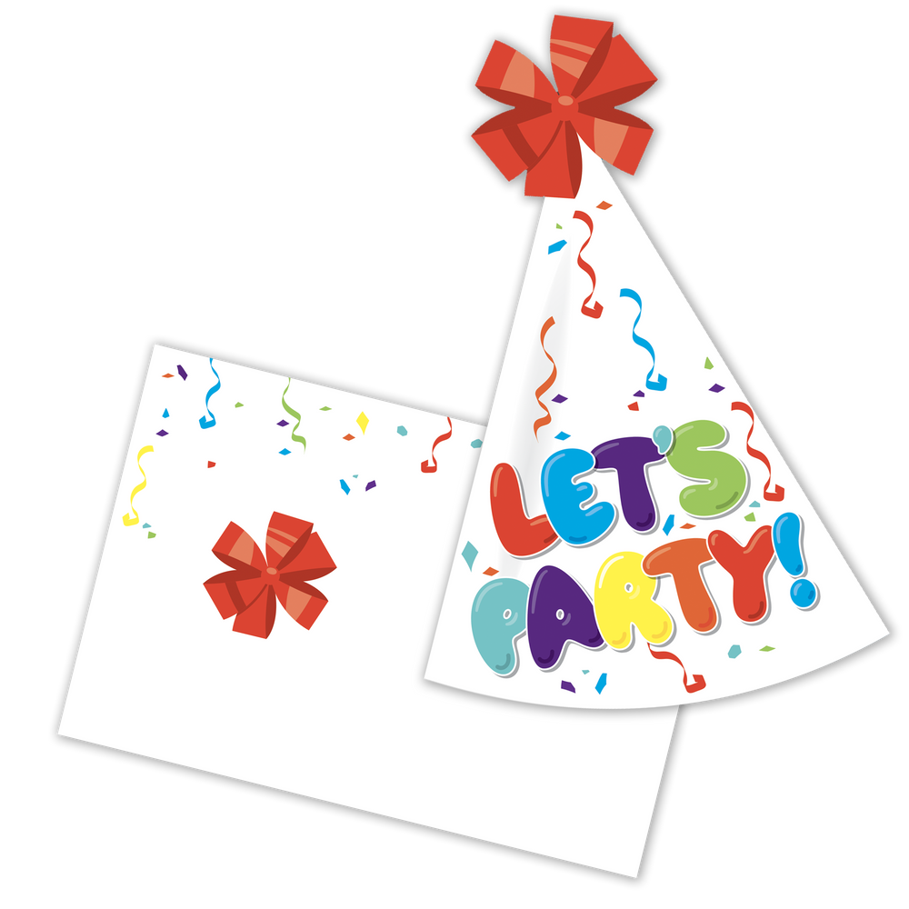 Party hat with 'Let's Party!' text and confetti, accompanied by a matching card on a white background.
