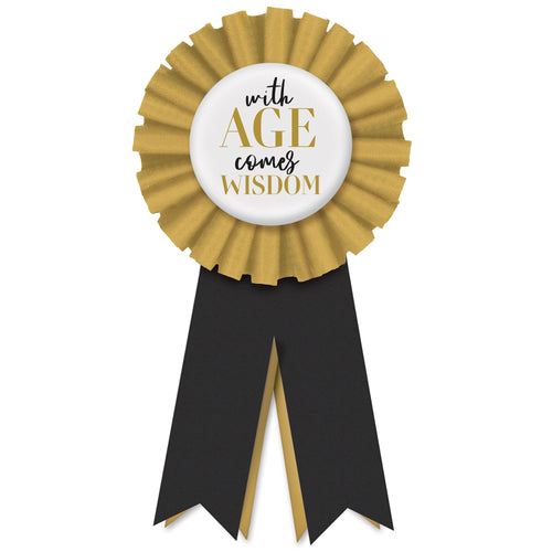 Decorative ribbon with gold and black design and 'with age comes wisdom' text on a white background