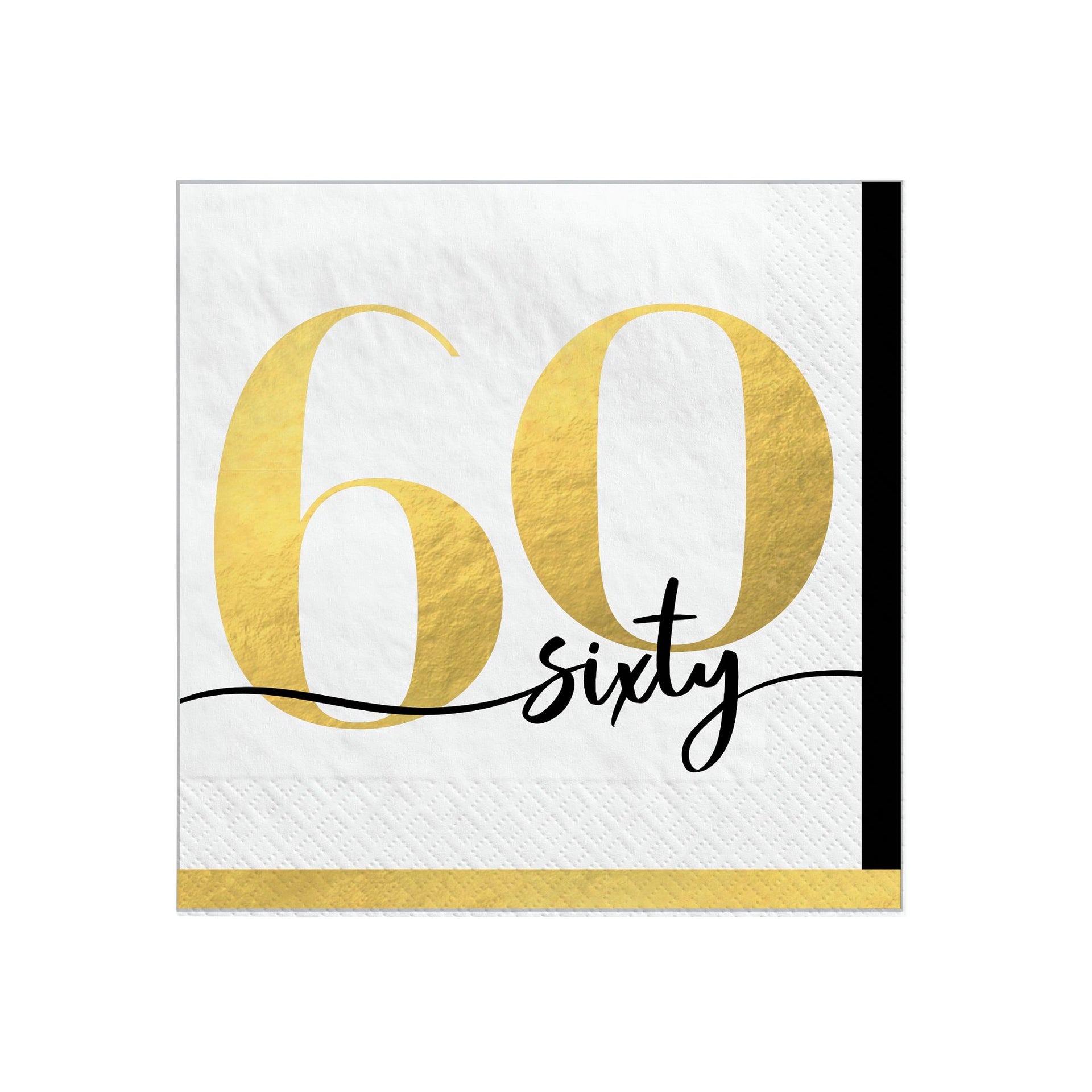 Napkin with gold number '60' and the word 'sixty' on a white background