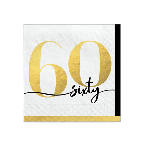 Napkin with gold number '60' and the word 'sixty' on a white background