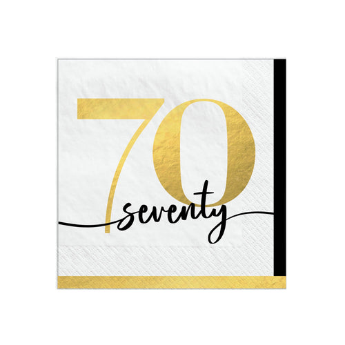 Napkin with gold number '70' and script 'seventy' on a white background