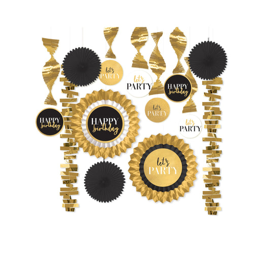Gold and black party decorations with 'Happy Birthday' and 'Let's Party' text on a white background.