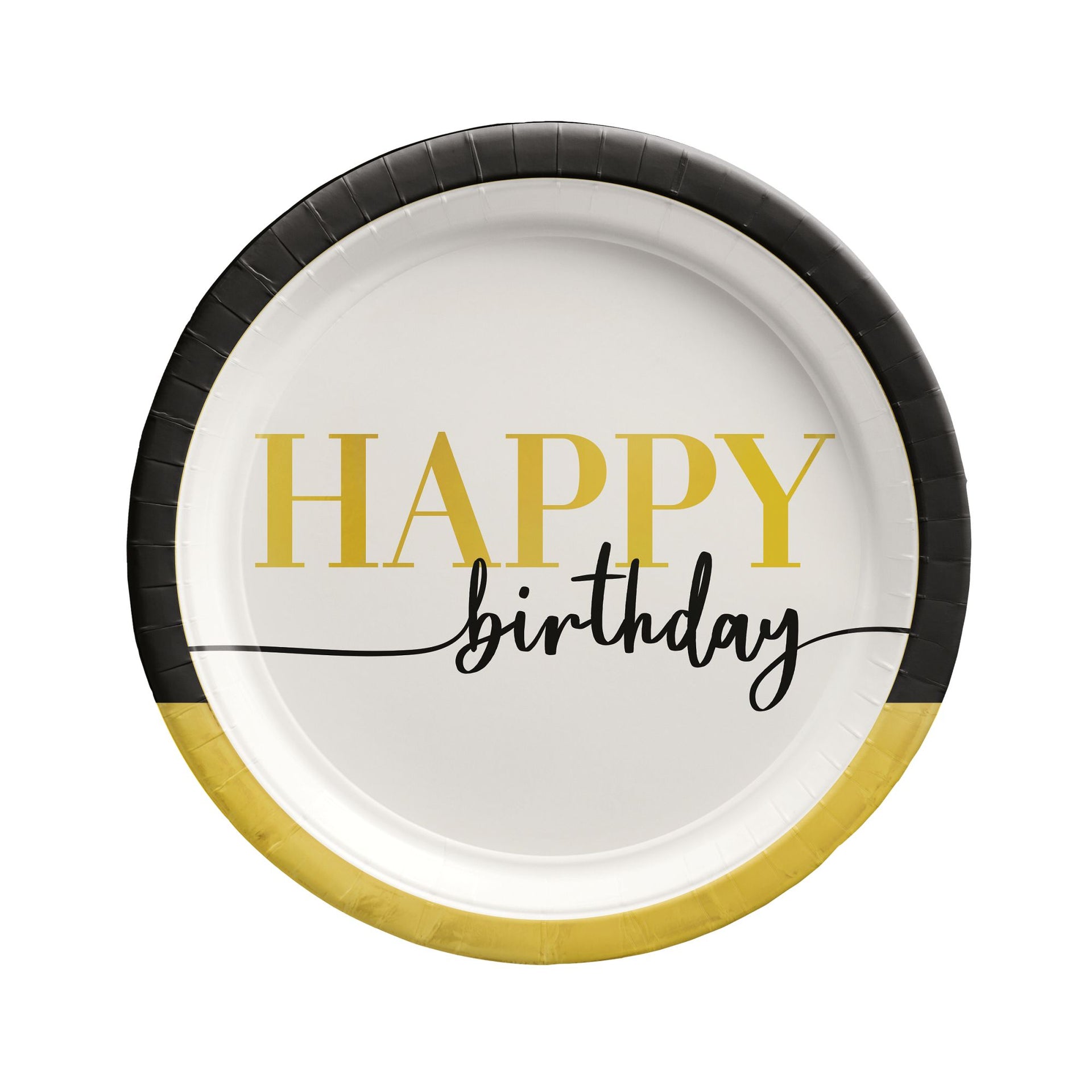 Paper plate with 'Happy Birthday' text in gold and black on a white background