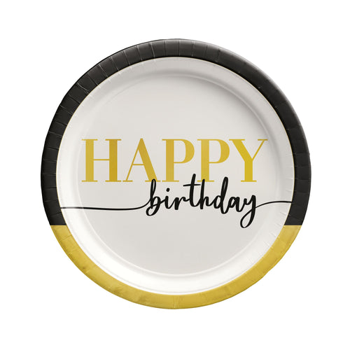 Paper plate with 'Happy Birthday' text in gold and black on a white background