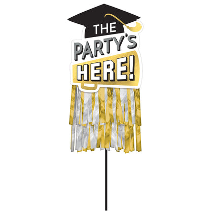Party's Here Fringe Graduation Yard Sign | Black, Silver, Gold