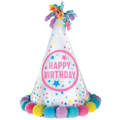 Colorful birthday hat with 'Happy Birthday' text on a white background
