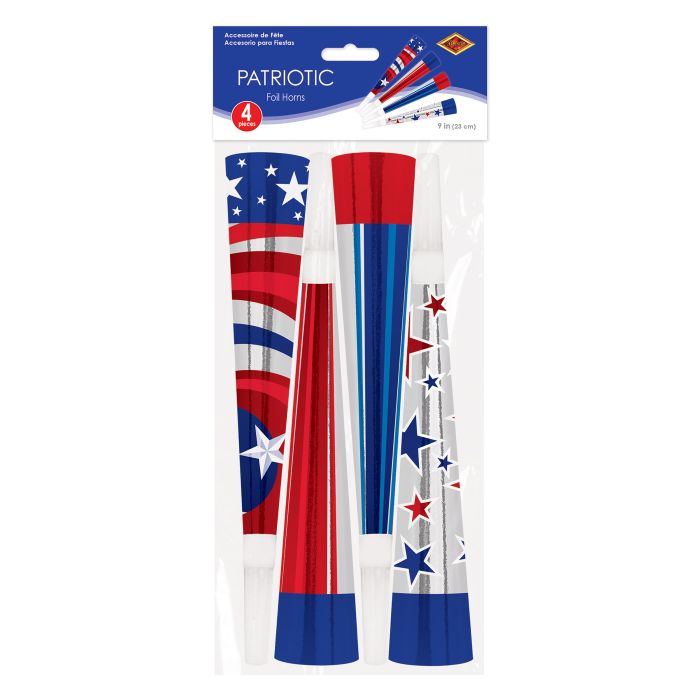 Patriotic-themed product packaging with red, white, and blue colors on a white background.