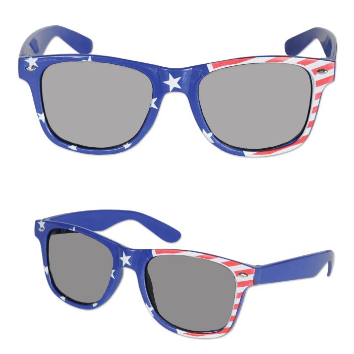 Sunglasses with American flag design on a white background