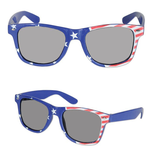 Sunglasses with American flag design on a white background