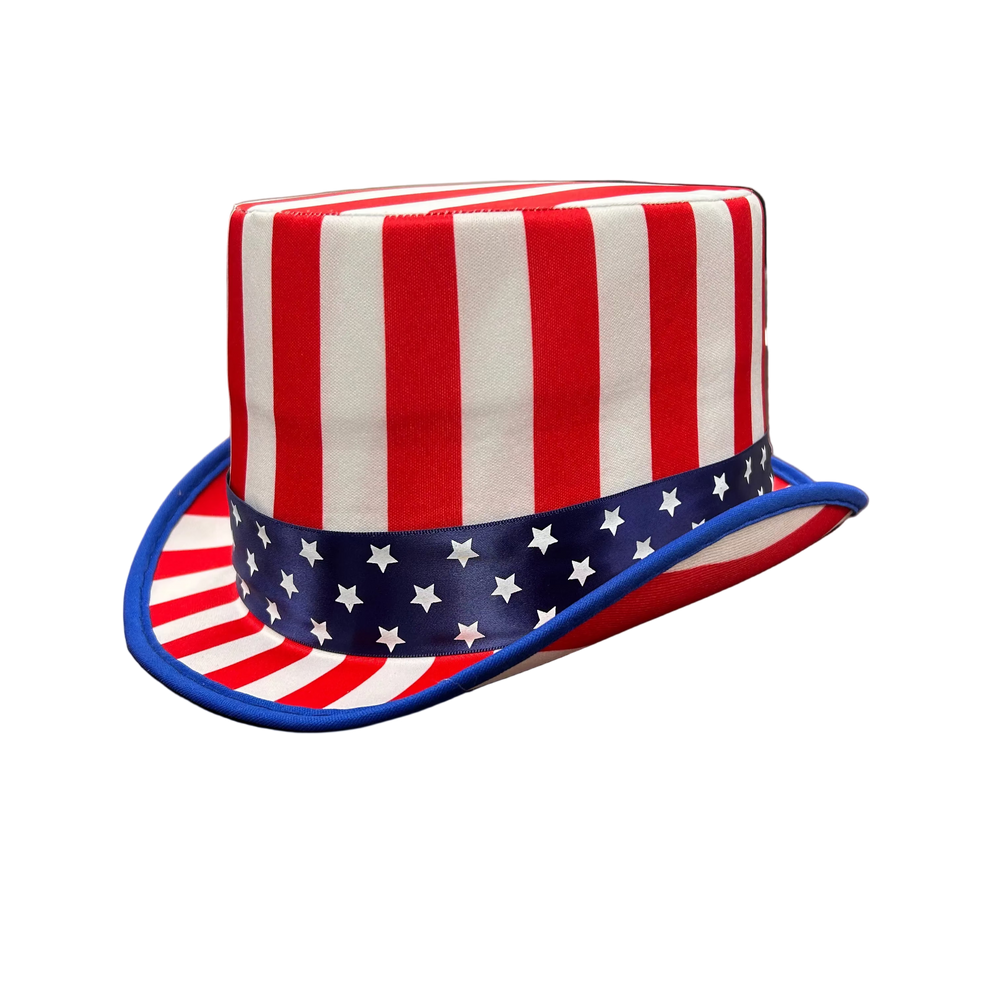 American flag-patterned top hat on a wooden table in an office setting