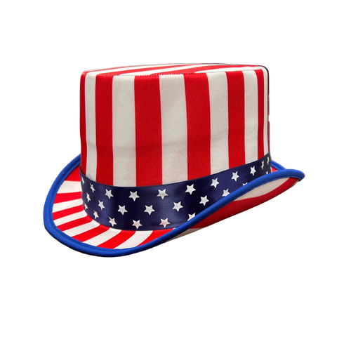 American flag-patterned top hat on a wooden table in an office setting