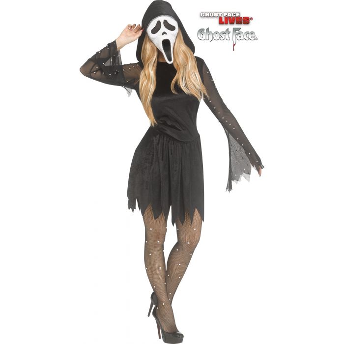 A woman modeling a Ghostface Halloween costume on a plain white background. The costume includes a black hooded dress with a tattered hemline, sheer long sleeves with silver rhinestone accents, black tights with rhinestones, and a white Ghost Face mask.