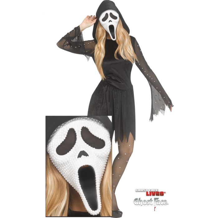 A woman modeling a Ghostface-style Halloween costume on a white background, with a close-up inset of the white ghost mask. The costume includes a black hooded dress, sheer long sleeves with silver rhinestone accents, and black tights.