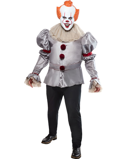 Person wearing a clown costume with a white face, red hair, and red nose on a white background