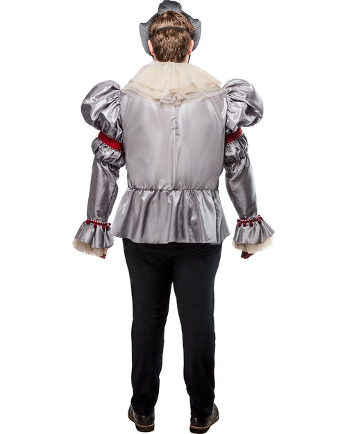 Person wearing a silver Renaissance-style outfit with black pants on a white background