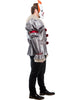 Person wearing a silver clown costume with red accents on a white background