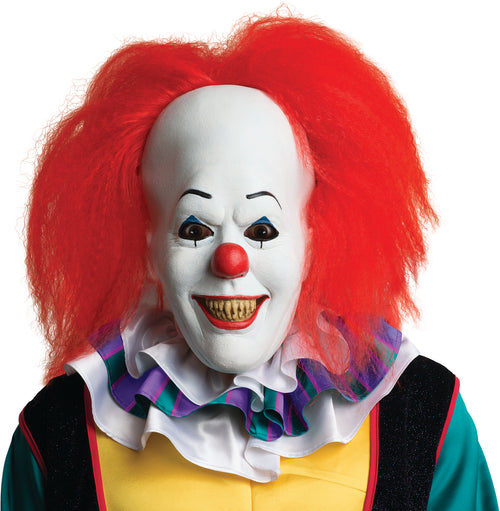 Clown with red hair, white face, and colorful outfit on a white background