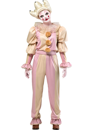 Clown costume with pink and beige outfit on a white background