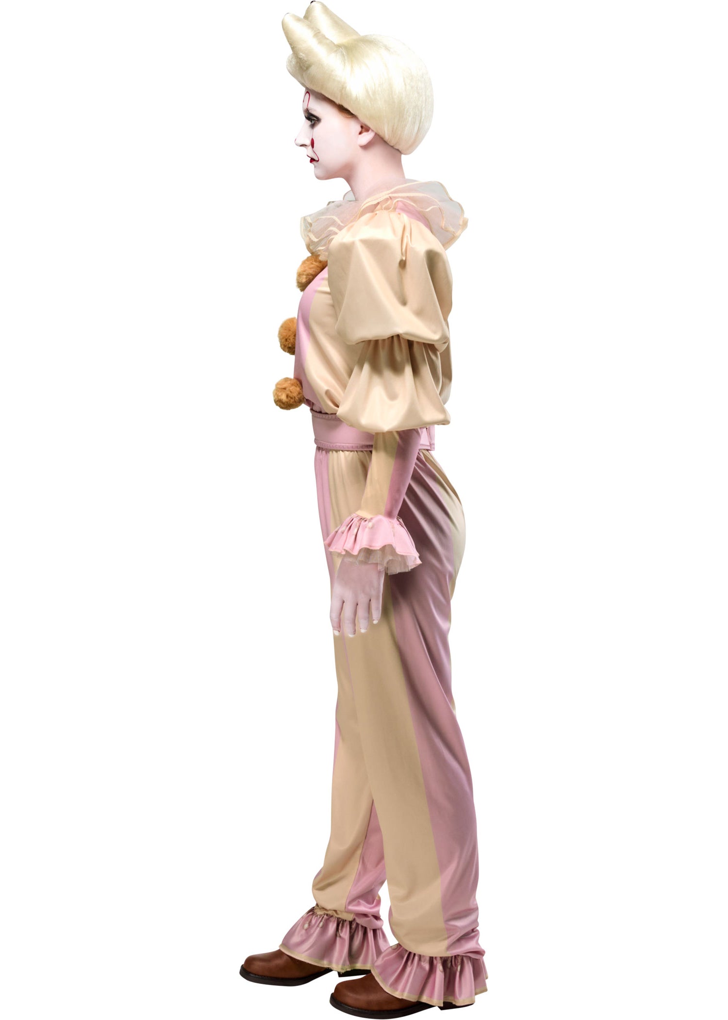 Person wearing a vintage clown costume with a white wig, pink and beige outfit, and brown shoes on a white background.