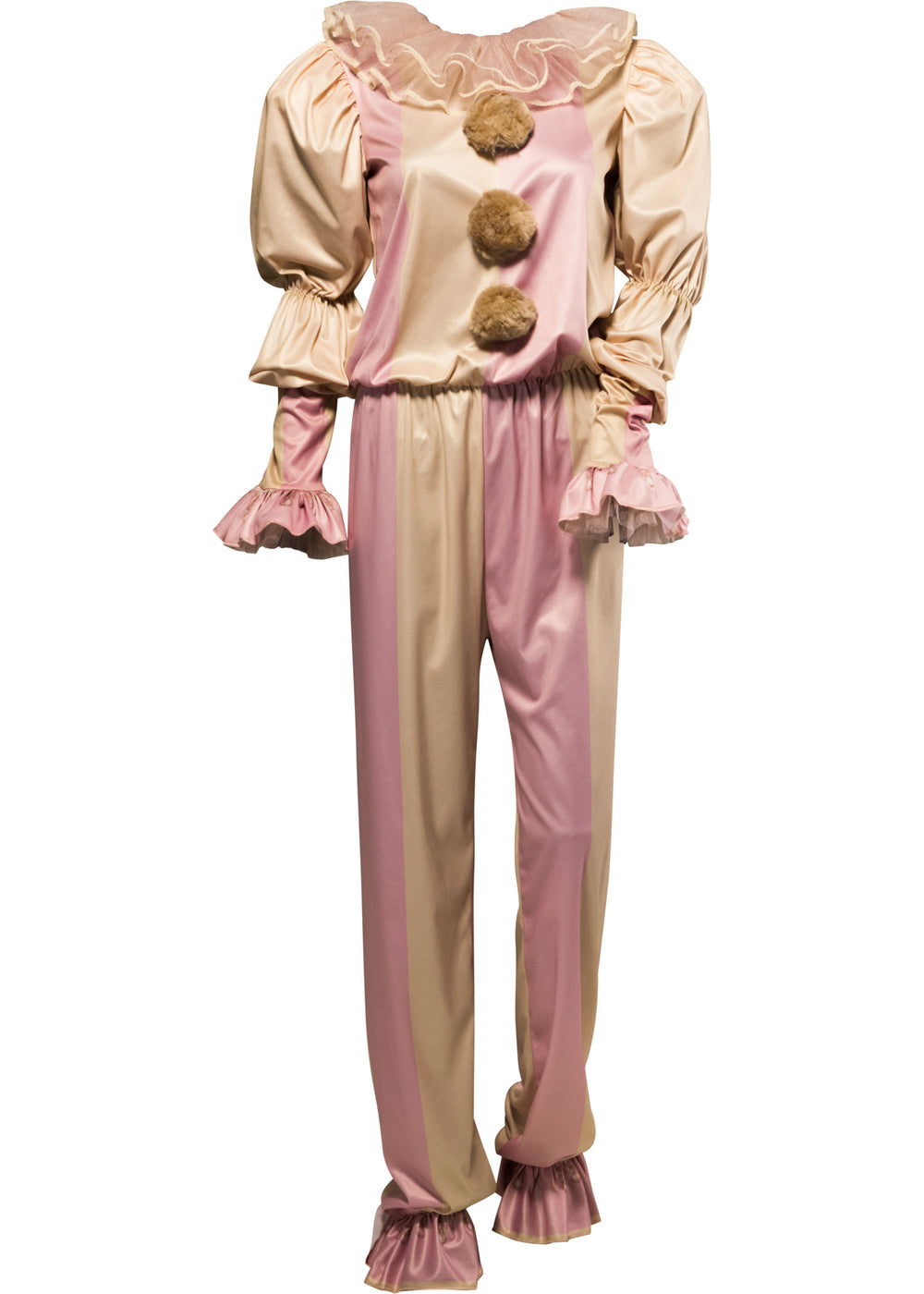 Two-tone pink and beige clown costume with ruffled details on a white background
