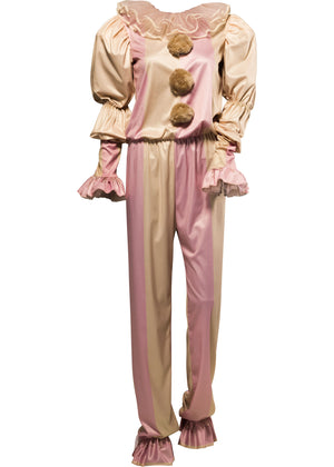 Two-tone pink and beige clown costume with ruffled details on a white background