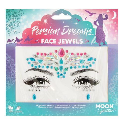 Packaging of Moon Face Jewels with face jewels design on a colorful background