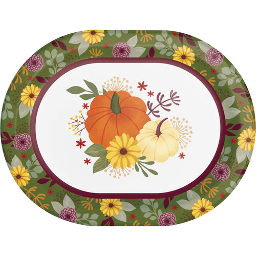 An oval autumn-themed decorative plate or tray with a floral border and a central illustration of pumpkins, daisies, and leaves on a white background.