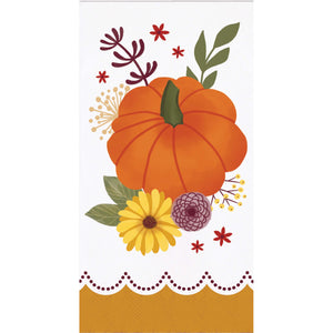A vertical white fabric towel or napkin featuring a fall harvest illustration with a large orange pumpkin, yellow flower, green leaves, and a scalloped orange border at the bottom.