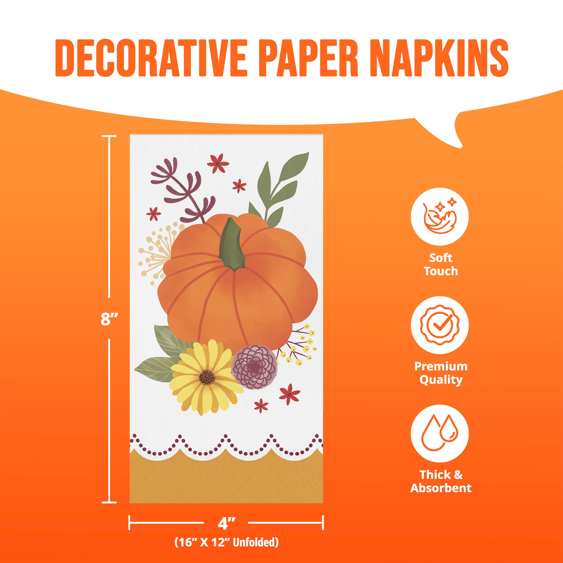 Decorative paper napkins shown on an orange promotional background with dimensions labeled 8 by 4 inches and feature icons for soft touch, premium quality, and thick absorbent material.