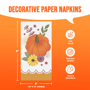 Decorative paper napkins shown on an orange promotional background with dimensions labeled 8 by 4 inches and feature icons for soft touch, premium quality, and thick absorbent material.