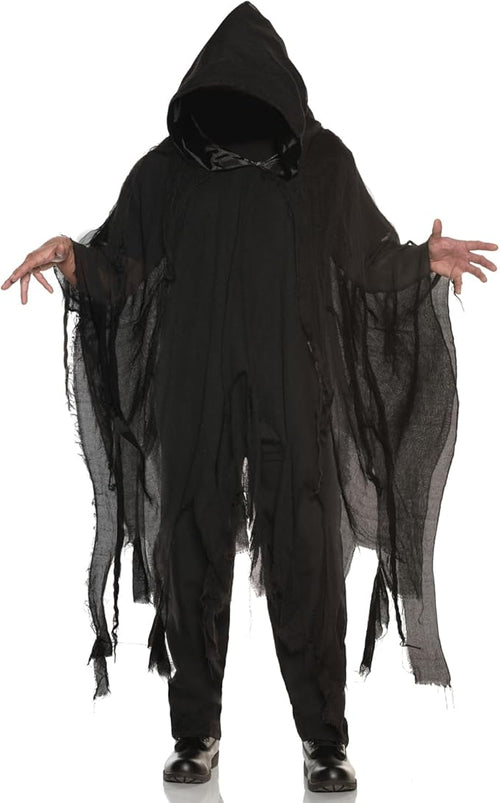 Black hooded costume with flowing fabric on a white background